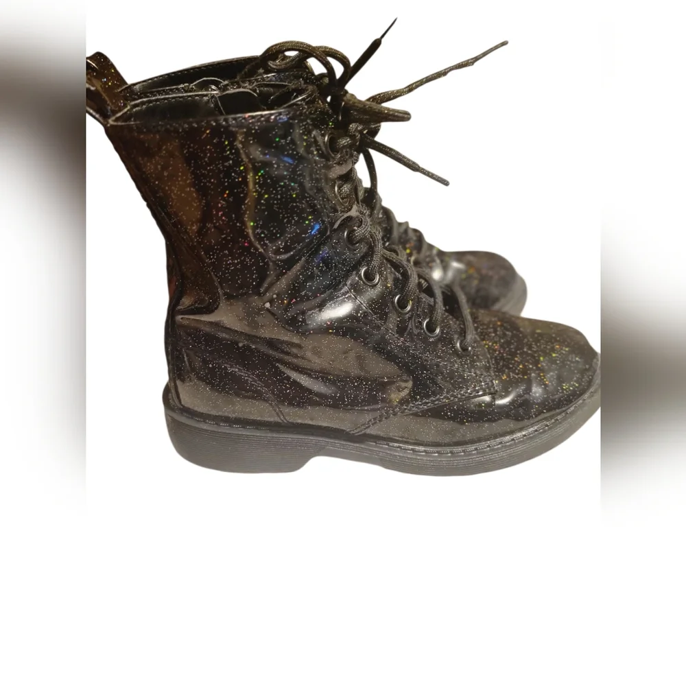 Little Girl's Black Faux Leather Zip-Up Casual Glitter Ankle Combat Boots, Sz 3